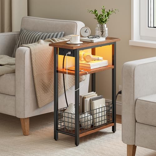 HOOBRO Narrow Side Table with Charging Station and LED Light, Small End Table with Storage, Skinny Nightstand with USB Port, Slim Bedside Table for Small Spaces, Living Room, Rustic Brown BF242UDBZ01 - color: Rustic Brown + Black