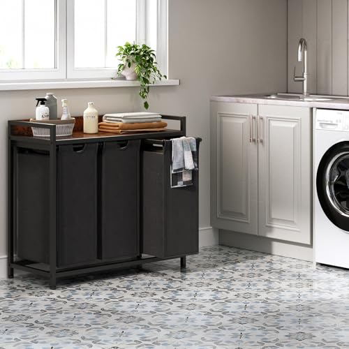 Herture Laundry Hamper with Shelf, Laundry Basket 3 Section, Laundry Sorter with Pull-Out Removable Large Bags and Movable Wheels, Metal Frame, 3 x 15.87 Gallons (60L), Rustic Brown + Black PF04XLY - color: Rustic Brown + Black, size: 3 Bags-180 L