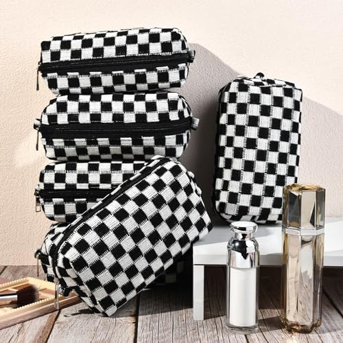 SOIDRAM Checkered Makeup Bag Preppy Cosmetic Bag Bulk Black Makeup Pouch Personalize Travel Toiletry Bag Organizer Cute DIY Makeup Brushes Storage Bag for Women - color: Black, size: 6 Pack