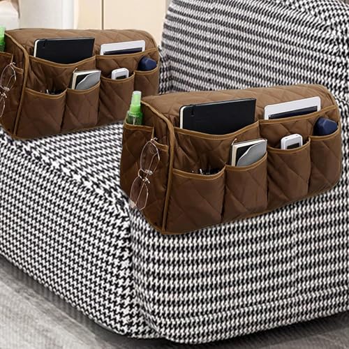 MEHIDFY Armchair Caddy Remote Control Holder for Couch Recliner Armrest Organizer Non Slip Couch Arm Covers for Sofa with 14 Pockets Storage for Magazine, Tablet, Phone, iPad (Brown 2pcs) - color: Brown 2pcs