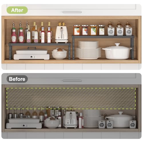 RUILALIFE Expandable Cabinet Organizer Shelf With Adjustable Height, Stackable Kitchen Countertop Organizer Rack, Adjustable Shelf Riser For Kitchen Counter, Pantry, Cupboard, Desk, Tabletop - color: Black-2 Pack