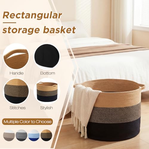 XXXXL 125L Extra Large Blanket Basket, 23.6" x 16.9" Jumbo Woven Cotton Rope Storage Basket with Handles, Laundry Hamper, Toy Storage for Living & Play Room (Khaki, Brown & Black) - color: Khaki, Brown & Black
