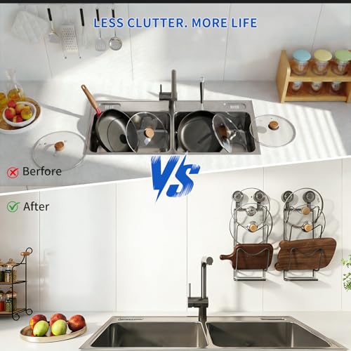 Pot Lid Organizer with Suction Cup and Drip Tray, 3 Tier Carbon Steel Kitchen Pot Lid Holder for Wall, Space Saving Lid Storage Rack for Pots and Pans