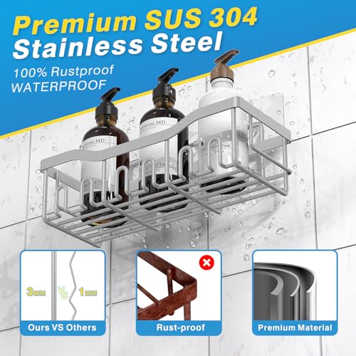 EUDELE 5-Pack Rustproof Stainless Steel Shower Caddy Set– No Drill Adhesive Bathroom Organizer, Space-Saving Shower Shelves for Apartment Essentials, Bathroom/Kitchen Storage Home Decor-L Size - color: Light Grey-5pcs