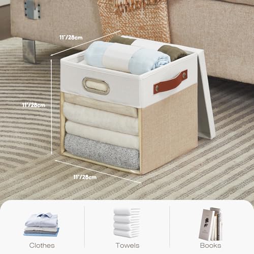 Ultra Thick Fabric Storage Cubes with Lids & Windows, 11-Inch Foldable Closet Storage Bins with 3 Handles, Home Decorative Boxes for Bedroom, Living Room, Dorm, Office (Beige & White) - color: Beige&White, size: 11"L x 11"W x 11"H