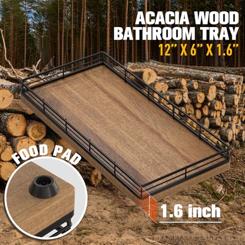 Bathroom Vanity Tray for Countertop, 12" x 6" Acacia Wood Toilet Tank Tray with Metal Guardrail, Bathroom Organizer for Soap, Perfume & Skincare, Non-Slip Decorative Tray for Dresser, Black & Acacia - color: Acacia, size: 12" x 6" x 1.5"