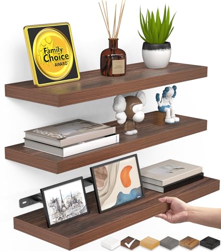 BAYKA Floating Shelves for Wall, Set of 3, Wall Mounted Rustic Wood Shelves for Bathroom, Bedroom, Living Room, Kitchen, Small Hanging Shelf for Books/Storage/Room Decor, Walnut-Like, 15.7in - color: E. Walnut-like - Timeless Traditional Style, size: 15.7