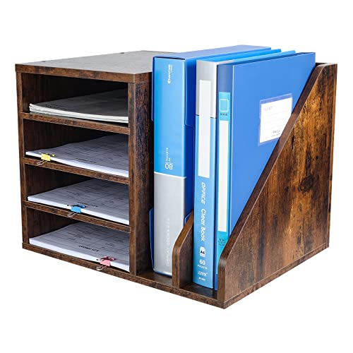 PAG Wood Desktop File Holder Organizer Mail Sorter for File Folders, Mails, Envelopes, Mailing Supplies or Magazines, Brown - color: Brown