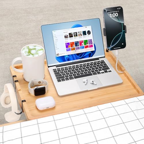Bedside Shelf for Dorm Bed & Top Bunk, Bamboo Bed Side Table Tray with Cup Phone Holder & Hooks, Bedside Caddy, Clip on Nightstand Bedside Storage College Dorm Room Essentials (Bamboo) - color: Bamboo