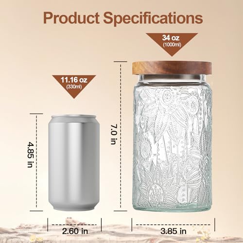 34 OZ Vintage Glass Jar with Lid, Airtight Food Storage Canisters with Bamboo for Kitchen Counter Pantry, Ideal for Coffee, Candy, Tea, Oats, Sugar, Cookies Decorative Jars-Sunflower - color: 34oz-Sunflower