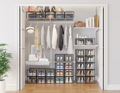 HOMIDEC Shoe Storage, 12 Pack Shoe Organizer for Closet, Shoe Boxes Clear Plastic Stackable Shoe Containers with Lids for Size 13 - color: Black, size: XL