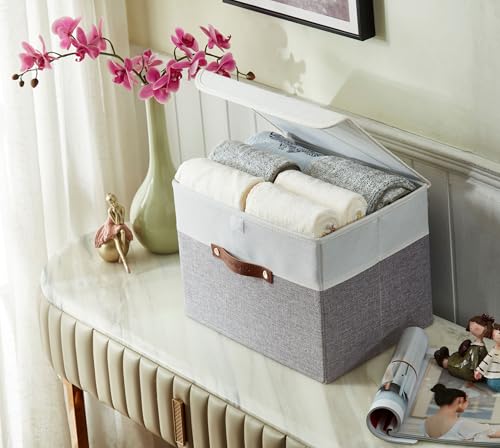 DECOMOMO Fabric Storage Bins with Lid, Storage Baskets for Shelves (Grey and White, 3 Pack) - color: Grey and White, size: Large