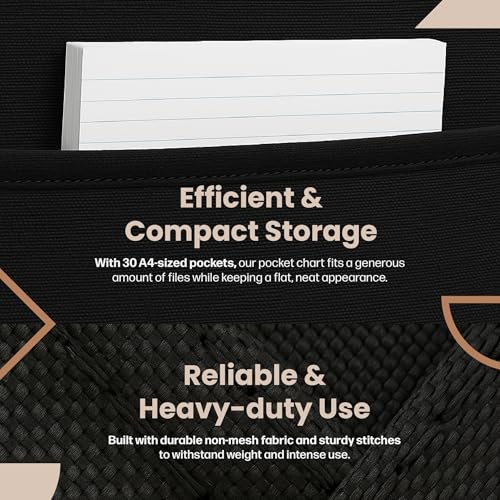 Hippo Creation Heavy Duty Storage Pocket Chart for Classroom, 30 Pocket Storage Organizer with 5 Over-Door Hangers, Hanging Wall Organizer for File Folders, School Mailbox, Home Office Papers - Black - color: Black - (30 Name Tag Pockets)