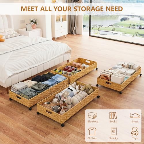 Under Bed Storage Containers with Wheels, 31.5” Large Handwoven Rattan Rolling UnderBed Storage Bins, Tool-free Assembly Natural Under The Bed Organizer Drawers for Bedroom, Sheets Clothes Blankets - style: 2 Pack(A-Natural)