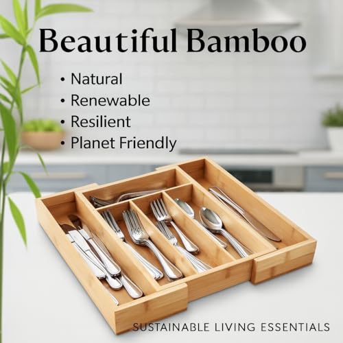 HIC Kitchen Expandable 6-Slot Silverware Cutlery Utensil Storage Tray, Natural Bamboo, Opens to 14-Inches - style: Silverware Tray
