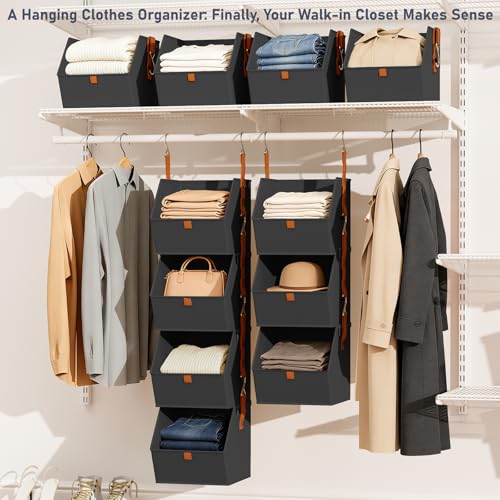 DIMJ Hanging Closet Organizer - 4 Tier Collapsible Hanging Shelves with Hooks Zipper, Fabric Clothes Organizer, Space-Saving Storage Bin Basket for RV, Bedroom, Laundry Organization - color: Black, size: 4 Pack