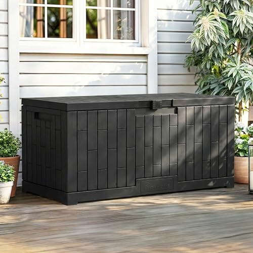 YITAHOME Large Outdoor Storage Box, 120 Gallon Waterproof Resin Deck Box with Slide-Locking Lid, Patio Storage Bin and Bench Seat for Garden Tools, Cushions & Pool Supplies, Easy Assembly, Black - color: Black, size: 120 Gallon, style: Deck Box