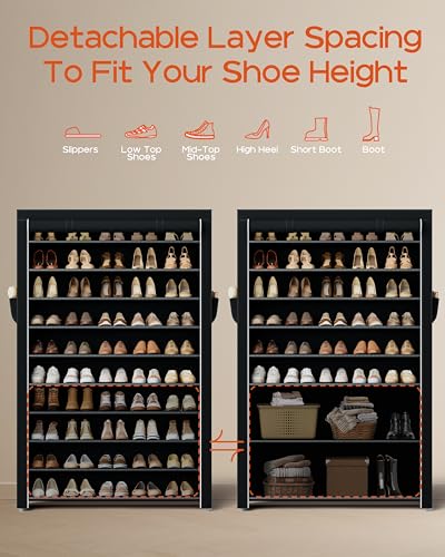 CASAMAYA Shoe Rack with Covers, 10 Tiers Tall Shoe Rack Organizer, Large Capacity Shoe Shelf Storage, Hold 50 Pairs of Shoes, Vertical Shoe Storage Organizer for Closet, Entryway, Black, SRT105B01 - size: 37.8"W - 10 Tier