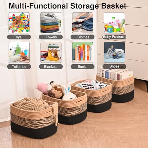 ICERZCZ Storage Baskets for Shelves Organizing, Woven Cotton Rope Baskets for Storage, Book Basket, Towel Basket, 12.5"Lx9.1''Wx7.9''H (4 Packs) Gradient Black & Jute - color: Gradient Black & Jute, size: 12.5"(l)×9.1"(w)×7.9"(h)