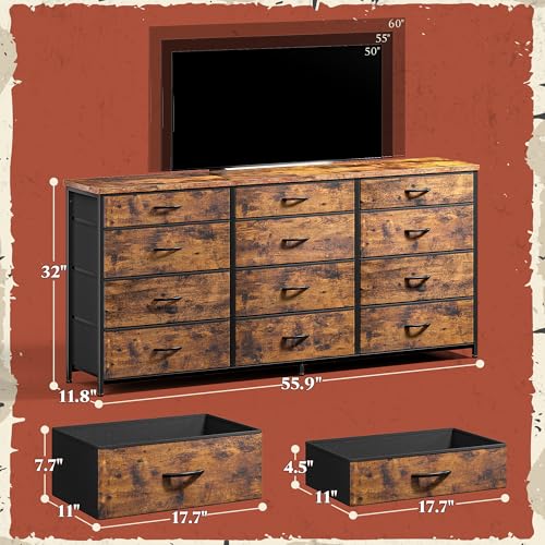 Romorgniz 55" Dresser for Bedroom with 12 Fabric Drawers, Entertainment Center for 60 inch TV Dressers & Chests of Drawers Large Organizer, Living Room, Metal Frame, Wood Top, Rustic Brown - color: Rustic Brown