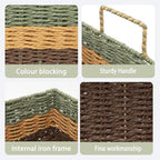 Handmade Rectangle Woven Paper Rope Storage Basket with Iron Frame,Basket with handles for Home Decor, Shelf & Desktop Organizing (Mix green yellow brown)