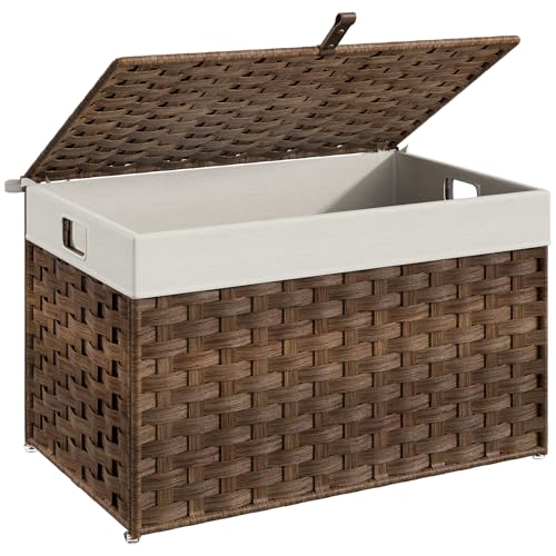 HOOBRO Storage Basket with Lid, 17.2 Gallon (65L) Wicker Basket, Handwoven Blanket Storage Basket with Handles, Metal Frame and Soft Lining, Foldable for Bedroom, Laundry Room, Brown BR265CW01 - color: Brown, size: 22"L x 13.4"W x 13.4"H