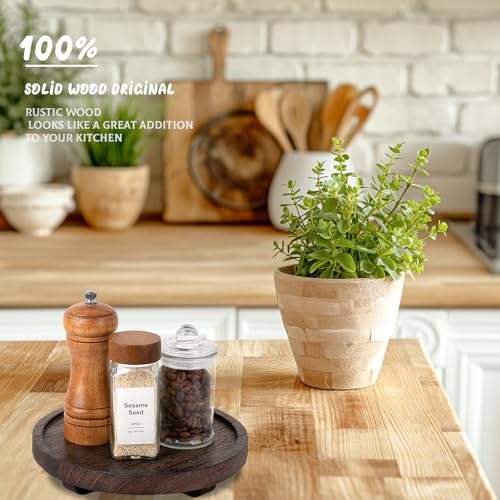 Round Decorative Tray Wood Bathroom Counter Organizer Farmhouse Kitchen Decor Wooden Riser for Soap Dish, Perfume, Candle, Sponge, 8" - Bark Brown - color: Dark Brown, size: 8"