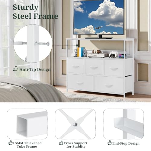 TV Stand, 5 Fabric Drawers Dresser Entertainment Center for TV up to 45 inch Wooden Media Console Table Storage Organizer with Open Shelf, for Living Room, Bedroom, or Small Space, White - color: White, size: 5 Drawers