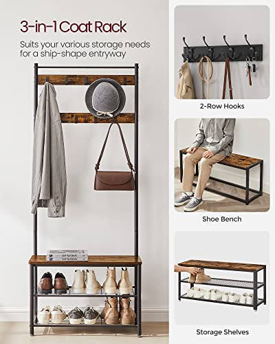 VASAGLE Coat Rack, Hall Tree with Shoe Storage Bench, Entryway Bench with Shoe Storage, 3-in-1, Steel Frame, for Entryway, 12.6 x 27.6 x 68.9 Inches, Industrial, Rustic Brown and Black UHSR41BX - color: Rustic Brown + Black, size: 27.6"W