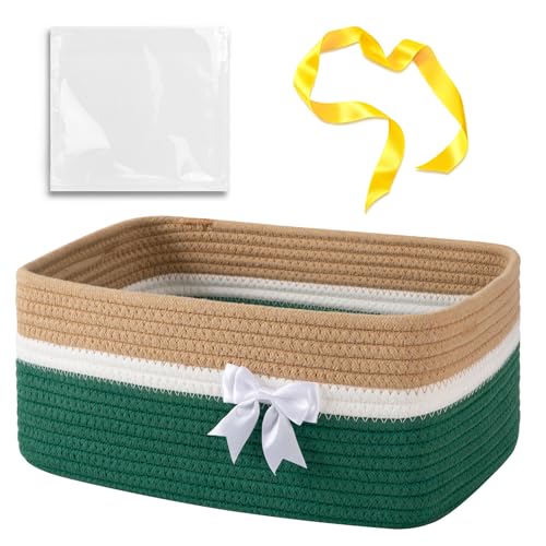 OIAHOMY Large Woven Storage Basket with Handles for Nursery Living Room Shelves, Bow Basket for Gifts Empty with Gift Bags and Ribbons for Baby Showers Pet Toy Bin -Yellow & Dark Green - color: Yellow & Dark Green