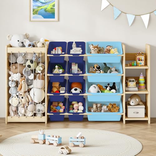 EXPERLAM 3-in-1 Toy Storage Organizer, Stuffed Animal Holder & 3-Tier Bookcase, Solid Wood Toy Organizer with 12 Storage Bins, Space-Saving Toy & Book Shelf for Kids Rooms, Bedroom, Playroom, Blue - color: Blue