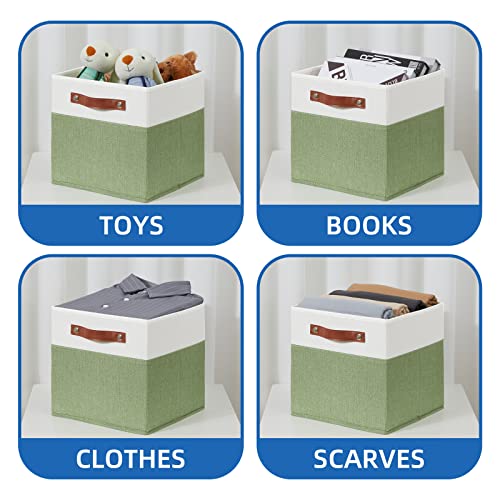 Temary Fabric Storage Bin 11x11 Cube Storage Bins for Home, 4 Pack Fabric Organizer Bins Cube Organizer Bins with Leather Handles Decorative Storage Bins for Shelf (White&Green) - color: White&Green, size: 11×11×11