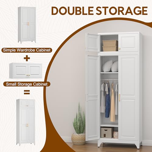 UNICOLY 86.6" Amoire Wardrobe Closet, 71" Wardrobe Cabinet with 15.74" Cabinet, Metal Closets with Hanging Rod for Bedroom School, Employee, Gym, Armarios De Ropa para Domitorio, White - color: White, size: 86.6 Inch Square-J with 0 Drawers
