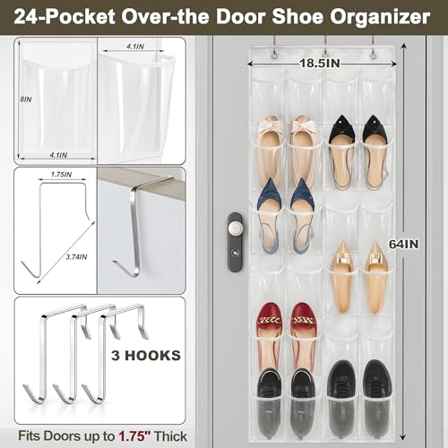 Over the Door Shoe Organizer with 24 Crystal Clear Pockets and Metal Hooks – Heavy Duty Hanging Shoe Storage Rack for Closet, Bathroom, Dorm – Space Saving for Shoes, Accessories, Toys (White) - color: White, size: 1pc