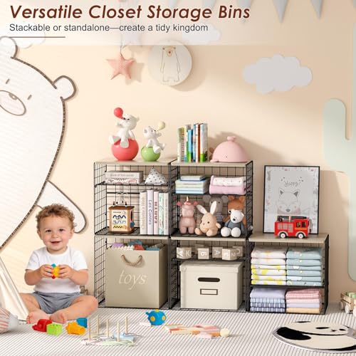 4-Tier Widened Closet Organizers and Storage, Extra Long Stackable Closet Shelf Organizer with Adjustable Dividers and Wood Top, Large Closet Storage Basket for Clothes, Jeans, Wardrobe Organization
