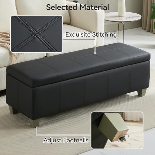 WUTUTUEE 51" Faux Leather Storage Ottoman, Stitch Tufted Rectangle Upholstered End of Bed Storage Bench, Entryway Large Couch Ottoman with Wooden Legs, Dark Black - color: Dark Black, size: 51 Inch