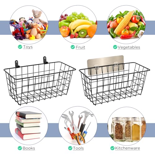 4 Pack Hanging Wall Basket Wire Storage Baskets, Adhesive Basket for Cabinet Door Organizer(2 Wall Mounting Options), Hanging Fruit Baskets for Kitchen, Pantry Organization, Bathroom, Black - style: 2 Installations, 4pack