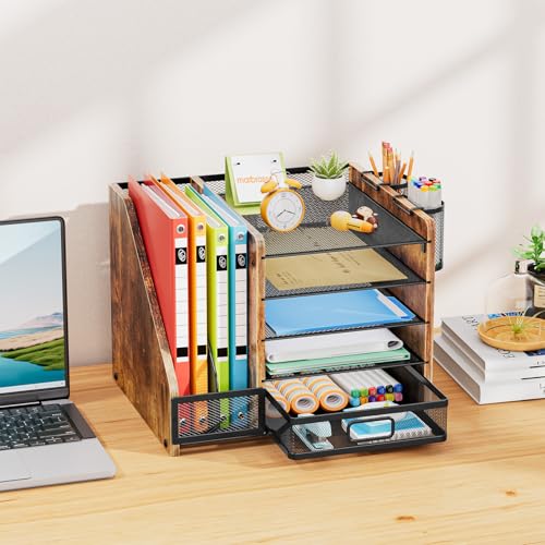 Marbrasse Desk Organizer with File Holder, 5-Tier Paper Letter Tray Organizer with Drawer and 2 Pen Holder, Mesh Desktop Organizer and Storage with Magazine Holder for Office Supplies (Wood-Brown) - color: Wood-Brown