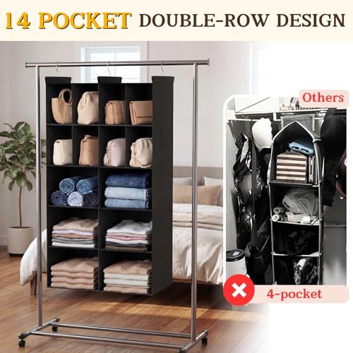 Ofiray-home 5 Tier Hanging Closet Organizer, 14 Compartments Sweater Organizer for Closet with 3 Sturdy Hooks, Closet Organizers and Storage, Wardrobe, Rv, Garment Rack, Black - color: Black, size: 5-Tier