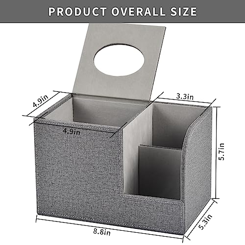 Square Tissue Box Cover Organizer,PU Leather Cube Tissue Box Holder with 2-Compartment Storage Box,Tissue and Remote Control Holder,Decorative Tissue Box Bedroom NightStand Office Tabletop,Grey - color: Grey
