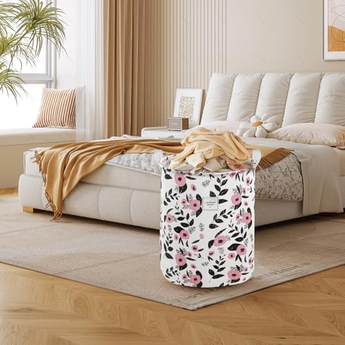 Mziart Cute Laundry Basket, Large Floral Laundry Hamper for Girls Kids Toys Collapsible Clothes Organizer Waterproof Foldable Baby Hamper for Nursery Dorm Fabric Storage Basket Bin with Handles (Pink) - color: Pink