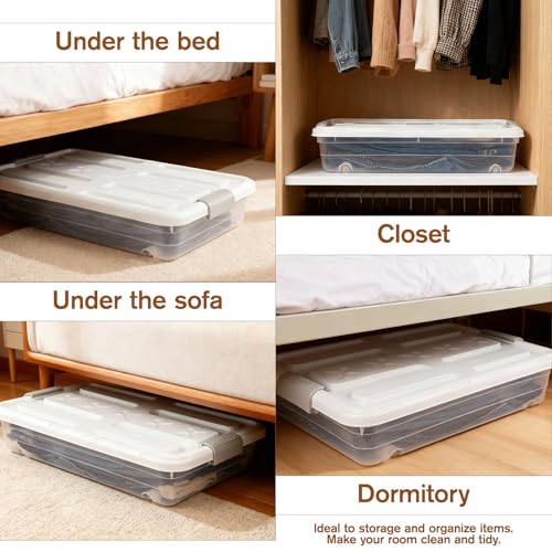 4 PCS*37 Qt Wheeled Latching Under Bed Storage, Stackable Bin with Latch Lid, Plastic Container to Organize Shoes Underbed, Clear with White Lid(White) - size: 49Quart*4PC