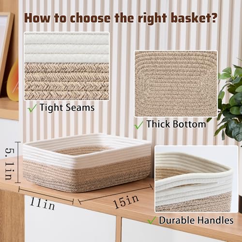 MiniArk Large Shallow Organizing Baskets 15x11x5.1 Inches - Rope Woven Storage Bins for Bathroom, Shelves, Cube Closet, Gradient Brown 3 Packs - color: Gradient Brown, size: 3pcs-L15×W11×H5.1"