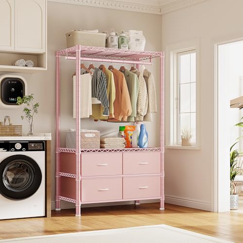 Raybee Clothes Rack, Clothing Rack for Hanging Clothes with 4 Drawers Load 420LBS Heavy Duty Garment Rack with Drawers, Pink - color: Pink, style: Clothes Rack with Drawers