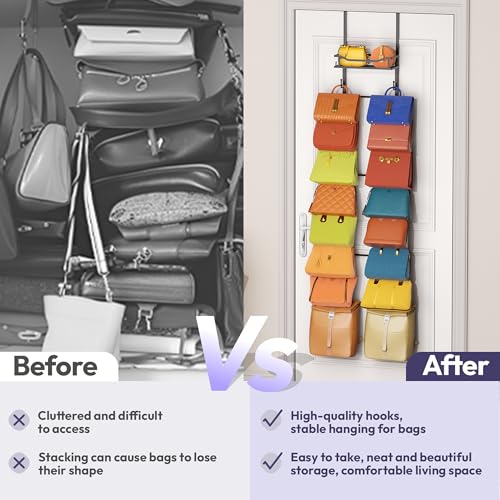 SWTYMIKI Over The Door Purse Organizer - Wall Mounted Purse Rack with 16 Hooks and Metal Basket, Handbag Hanger Organizer Holds up to 16 Bags, Bag Rack Can Use As 1/2 Part, for Door, Closet - color: Black, size: 9-Tier
