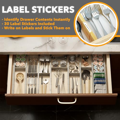 SpaceAid Bamboo Drawer Dividers with Inserts and Labels, Kitchen Adjustable Drawer Organizers, Expandable Organization for Home, Office, Dressers, 10 Dividers with 24 Inserts (17"-22" Gray) - color: GRAY, size: 2.35''H, 17''-22''L, 10 Dividers