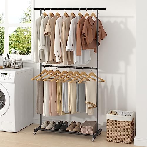 Sywhitta Double Rod Clothing Garment Rack, Rolling Coat Hanger with Bottom Mesh, Clothing Rack for Hanging Clothes, Coats, Skirts, Sweaters, Black - color: Black, size: With mesh