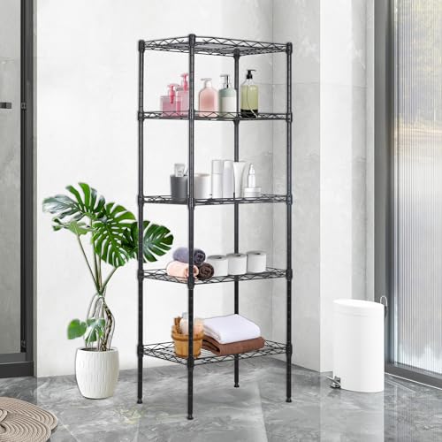 BestOffice | 5-Tier Wire Storage Shelves | 17x12x48 | Black | with Adjustable Racks | Heavy-Duty Metal Shelf, Holds Upto 750 lbs | No-Tool Assembly | Ideal for Home & Garage Shelving - color: Black, size: 17"D x 12"W x 48"H