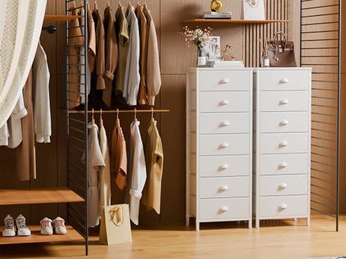 Furnulem White Tall Dresser for Bedroom with 7 Drawers, Vertical Chest of Drawer in Closet, Nightstand Storage Tower Unit Organizer with Fabric Bins for Dorm,Living Room,Entryway,Hallyway - color: White, size: 11.8"D x 15.8"W x 43.3"H (7 Drawers)