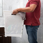 Mind Reader 61L Foldable Laundry Hamper, Clothes Basket, Lid, Wicker Design, Plastic, 18"L x 14.5"W x 21.25"H, White - color: White